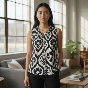 White House Black Market Monochrome Patterned Blouse